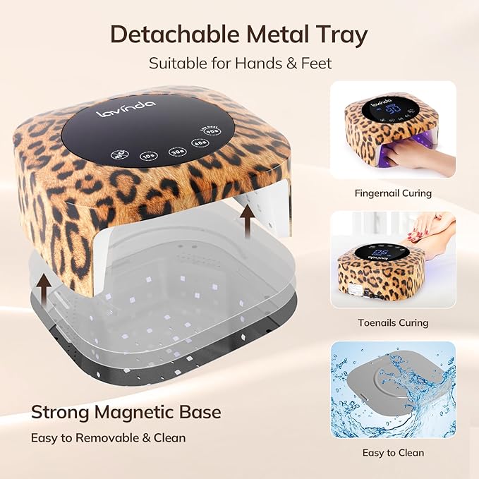 Lavinda LED Nail Lamp UV Light for Gel Nails 54W Cordless Rechargeable UV Lamp Nail Light with 4 Timer, 2X Faster Professional Gel Polish Curing Nail Dryer for Salon Use-Leopard Print