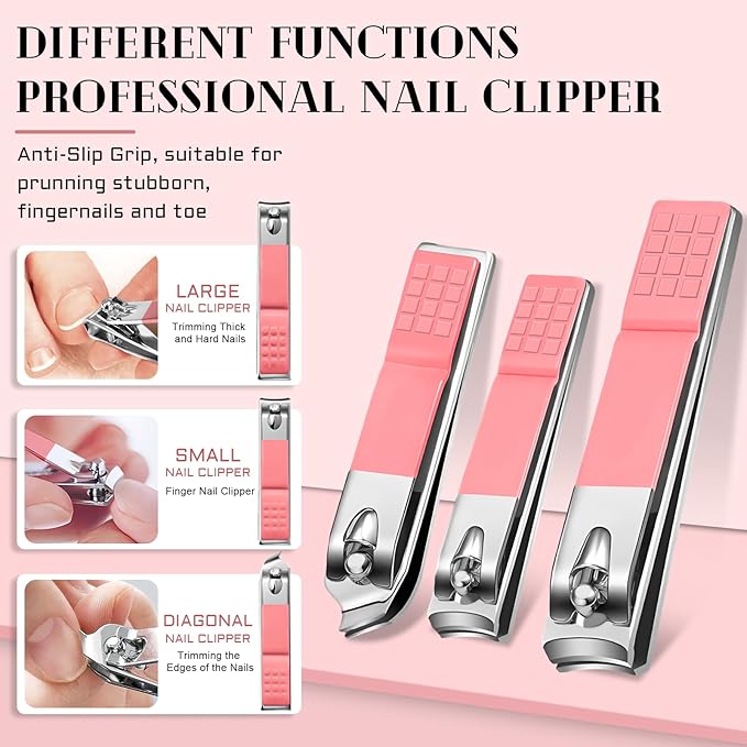 BLESWIN Manicure Pedicure Set, 12 Pcs Nail Care Kit for Women, Mens Nail Grooming Kit, Manicure & Pedicure Tools & Accessories, Pink Nail Kit Manicure Set Luxury Leather Case for Home Salon Use