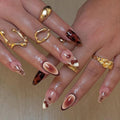 Medium Press on Nails Almond Fake Nails Brown False Nails French Tip Artificial Nails with Charm Designs Ombre Stick on Nails for Women 24pcs