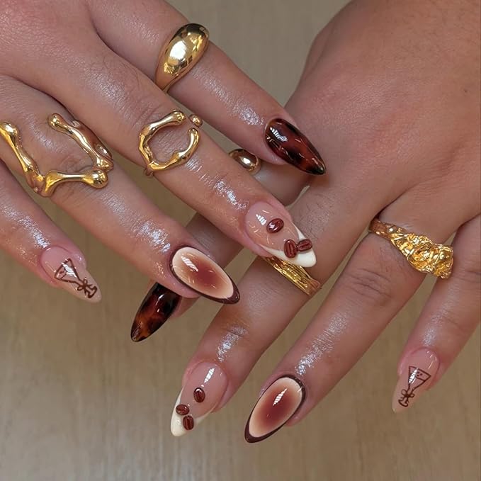 Medium Press on Nails Almond Fake Nails Brown False Nails French Tip Artificial Nails with Charm Designs Ombre Stick on Nails for Women 24pcs
