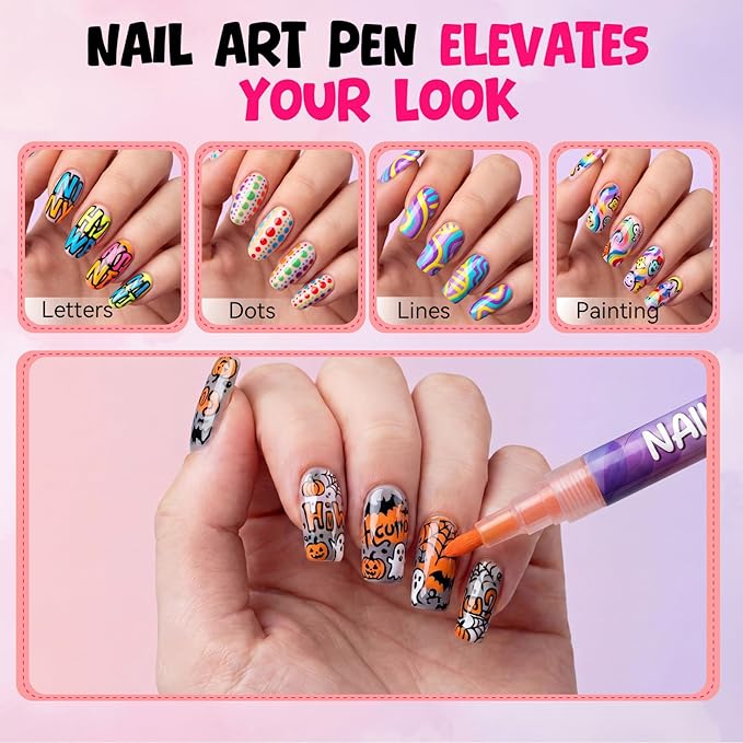 12 Colors Nail Art Pens Set, 0.7mm 3D Nail Polish Pens, Quick Dry, Long Lasting & Waterproof Acrylic Nail Art Markers, Home & Salon Nail DIY, Parties Events, Gift for Valentine’s Day