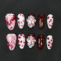 Handmade Press on Nails Medium Almond Fake Nails with Glue,Tropical Flower Nails with 3D Lines Designs Wine Red Acrylic Nails Nature Stick on Nail False Nails for Wome (Size M)
