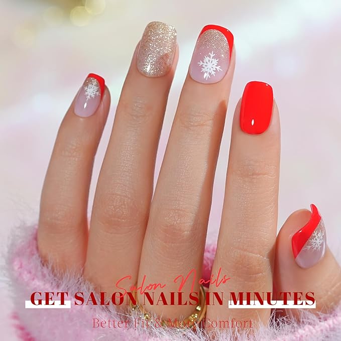 Red Press On Nails Short - Jofay Fashion French Tip Press On Nails, Acrylic Fake Nails with Snowflakes and Gold Glitter, Reusable False Nails Glue On Nails for Women, Stick On Nails Kit 32Pcs