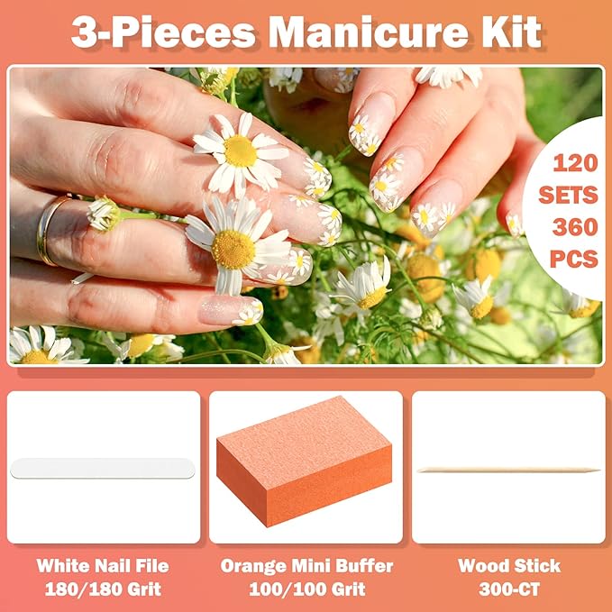 Leelosp 120 Sets Disposable Manicure Kit Basics 3 Pieces Nail Kit, White Wood Nail File 180/180 Grit, Purple Mini Buffer 100/100 Grit, Individually Packed Mini Pedicure Set for Fingernails Toenails