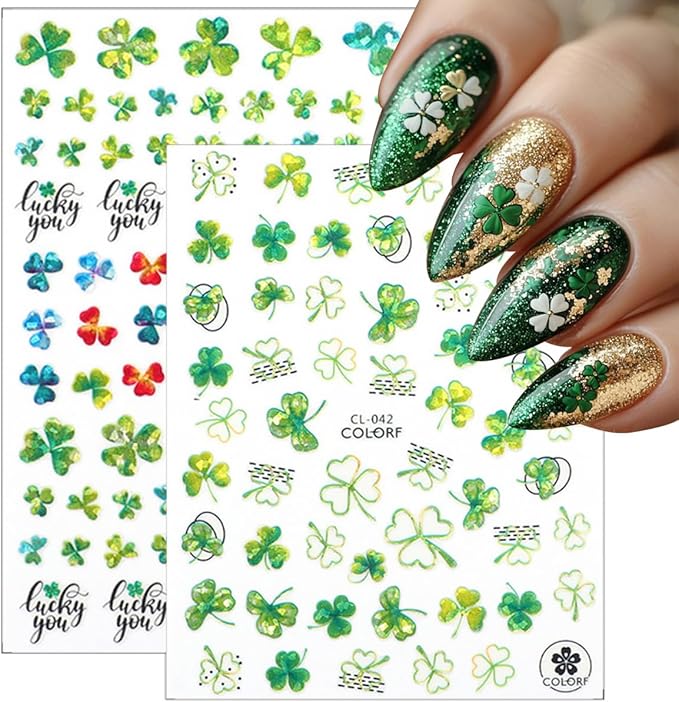 6 Sheets St Patrick’s Day Nail Art Stickers 3D Self- Adhesive Laser Shamrock Nail Stickers Green Clover Hat Letter Design St Patricks Day Nail Art Supplies Irish Nail Decals for Women Acrylic Manicure