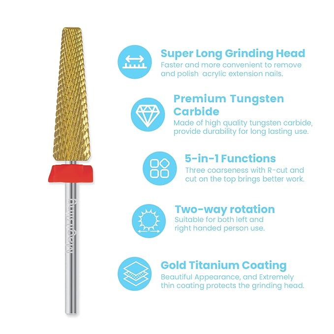 24mm Super Long 5-in-1 Tapered Barrel Nail Drill Bit, 3/32'' Tungsten Carbide E-File Bit for Fast Gel Removal & Long Nail Shaping, Two-Way Rotation Safety Bit for Acrylic Extensions, Fine