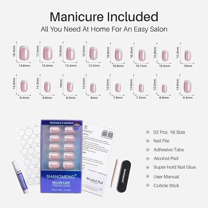 White Chrome French Tip Press on Nails Short - SHANGMENG Soft Gel Press on Nails Square for Women Gift, Glossy Glue on Nails in 16 Sizes - 32 Reusable Fake Nails Kit with Glue, Aurora French