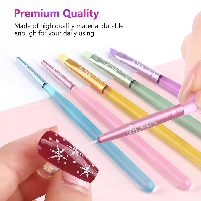 BQAN Nail Art Brushes Set，5pcs Nail Brushes for Nail Art with Flat, Round, French Gel Brushes & 2 Liner Brushes，Nails Design Tools for Home DIY or Professional Salon Use