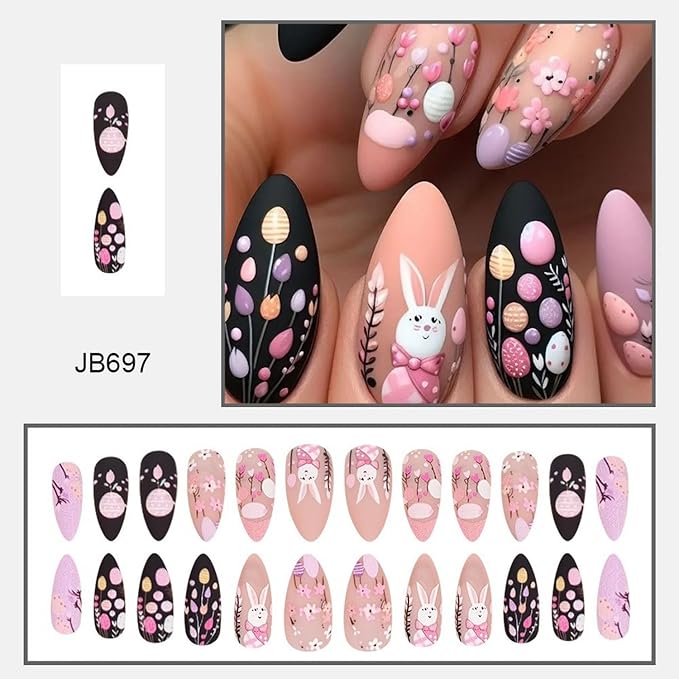 24 Pcs Easter Press on Nails Medium Almond Shaped Fake Nails Pink Black Matte False Nails Easter Eggs Cute Bunny Designs Full Cover Spring Flower Acrylic Nails for Women Manicure Decorations