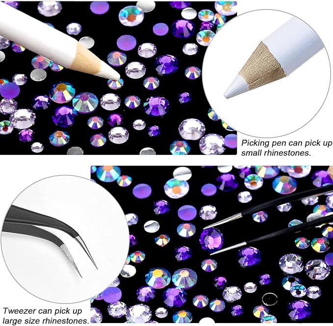 15000PCs 2-6MM Purple Series Resin Flat Back Rhinestones, Round Non Hotfix Jelly & Silver Bottom Resin Rhinestones Nail Gems Stones with Tweezer & Picker Pen for Nail Art Tumblers & DIY Crafts