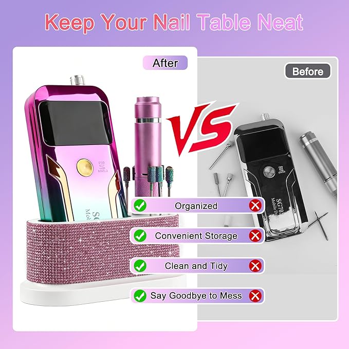 ANGNYA Nail Drill Machine Holder with Pink Rhinestones, 8 Holes Nail Drill Bit Holder, Nail Efile Stand and Organizer Storage Box Case