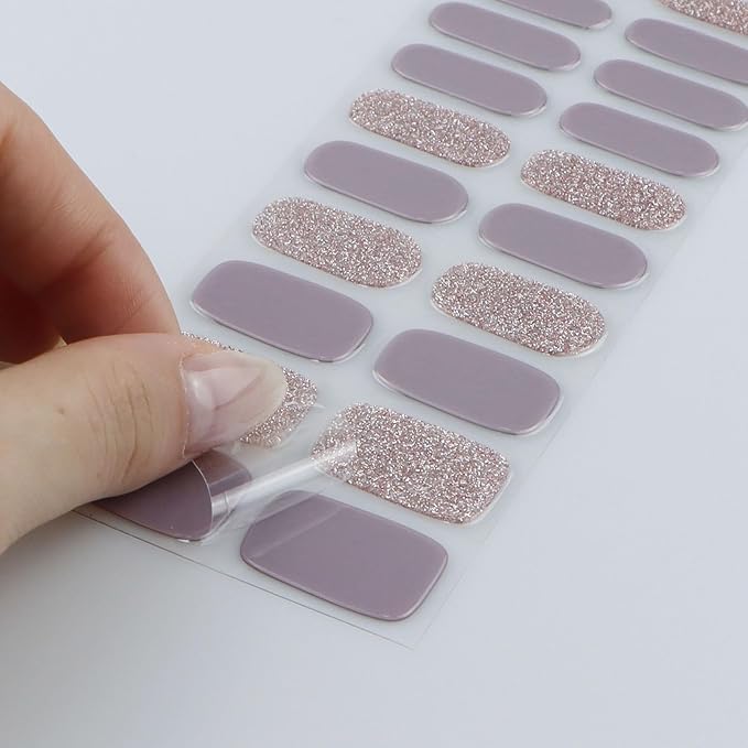 JMEOWIO Gel Nail Stickers Purple Gray Glitter Semi Cured Gel Nail Strips Wraps UV/LED Nails Art Design Decoration Accessories