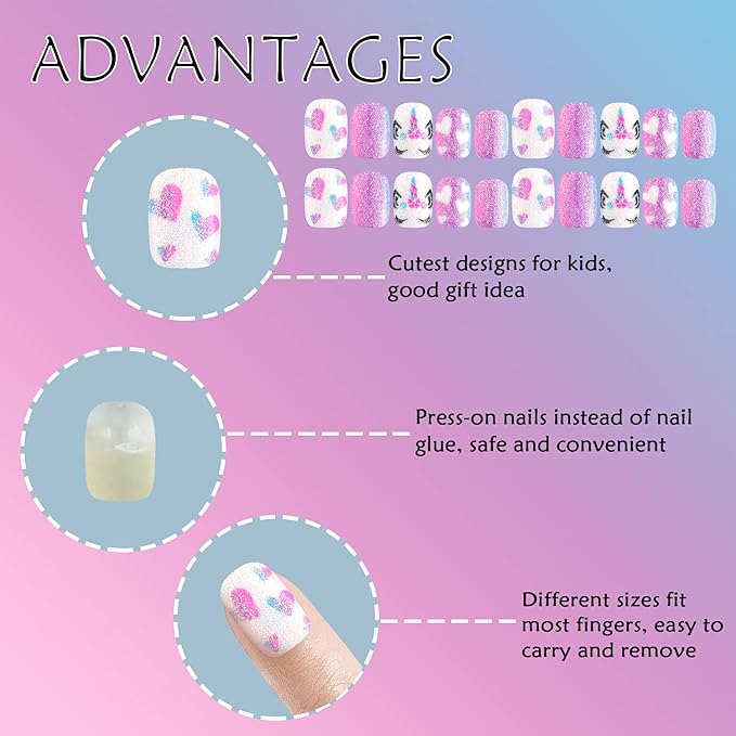 Laza 60pcs Children Nails Press On Pre-glue Full Cover Glitter Gradient Color Rainbow Sparkling Star Unicorn Shell Short False Nail Kits for Kids Teenager Girls - Purple Unicorn