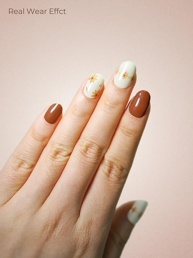 Real Gel Nail Strips (No UV Light Needed) - 44Pcs Salon Quality Nail Stickers - Long Lasting Polish Wraps for Women, Easy Apply & Remove (Marigold Dream Brown)
