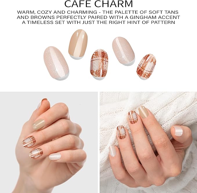 Semi-Cured Gel Nail Strips - 20 Salon-Quality Gel Sticker with UV Light Required, Long Lasting, Easy Application & Removal, Includes Prep Pad, Nail File, Wooden Stick – Cafe Charm