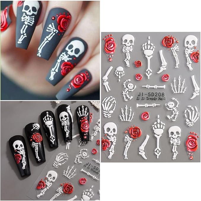 5 Sheets Halloween Nail Art Stickers Decals 5D Nail Decals Gold White Bone Pattern Sticker Self-Adhesive Skull Nails Supplies Accessories 3for Women Halloween Nails DIY Decoration