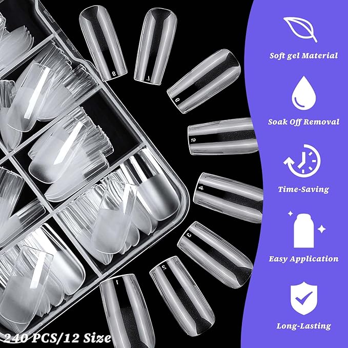 240pc Medium Gel Nail Tips Square Fake Nails Clear Press ons Nail, Medium Square Nails Tips Acrylic Nails Extension Soft Gel Nails Tip Full Cover False Nail Clear Artficial Fingernail