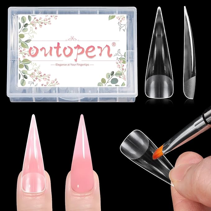 outopen 240pcs Long Straight Sharp Stiletto Nail Tips Clear Matte Full Cover Nail Extension Tips Long Stiletto Spiky Nail Tips Gel Press on Nails for Polygel Acrylic Extension DIY Manicure, 12 Sizes
