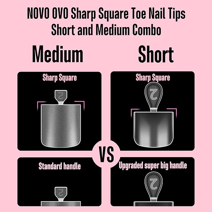 NOVO OVO 31 Sizes Toe Nail Tips with Short and Medium length Combo, Sharp Square Press on Full cover, Soft Gel False Fake Toenail Extension Kit, Pre-etched Clear Matte for Salon DIY Acrylic x 434 Pcs