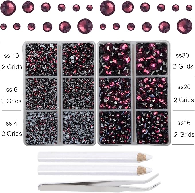 10000Pcs 2-Boxes Mixed Size Hot Fix Round Crystals Gems Glass Stones Hotfix Flat Back Rhinestones with Tweezers and Picking Pencil (Amethyst)