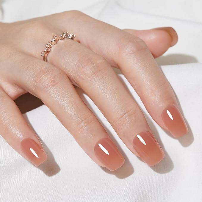 Press on Nails - Findigit Press on Nail Short, Supremely Fit Natural Stick On Nails,Soft Gel Fake Nails in 16 Sizes - 32 PCS Glue On Nail Kit, Caramel