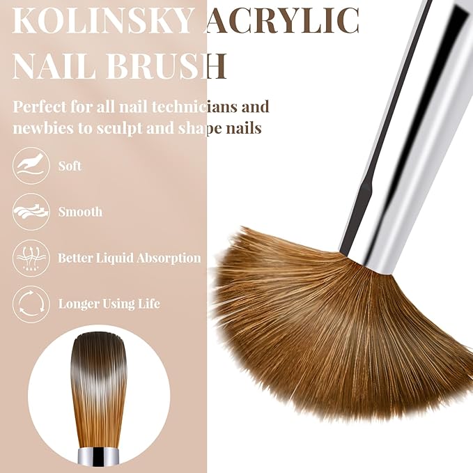 3PCS Kolinsky Hair Acrylic Nail Brush Set, Size 6/10/12, Oval Crimped Pressed Shaped, Golden Metal Handle, Professional Manicure for DIY Home Salon