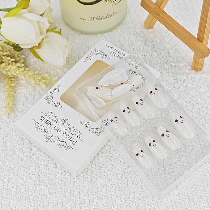 Halloween Press on Nails | Medium Almond Fake Nails with Smiling Ghost Designs,Reusable, Glossy Acrylic | 12 Sizes - 24 Nail Kit with Jelly Glue