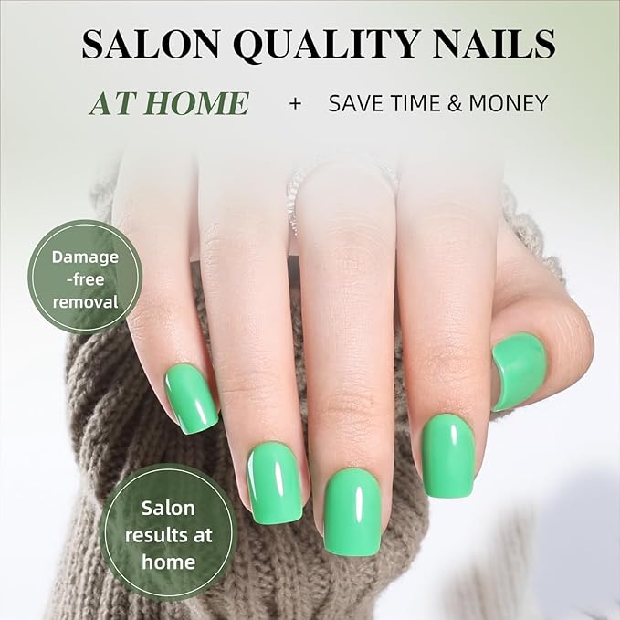 Green Press On Nails Square - Green Short Square Fake Nails, Press On Nails Reusable Stick On Nails in 15 Sizes 30pcs False Nail Kit for Women & Girls (FreshGreen)