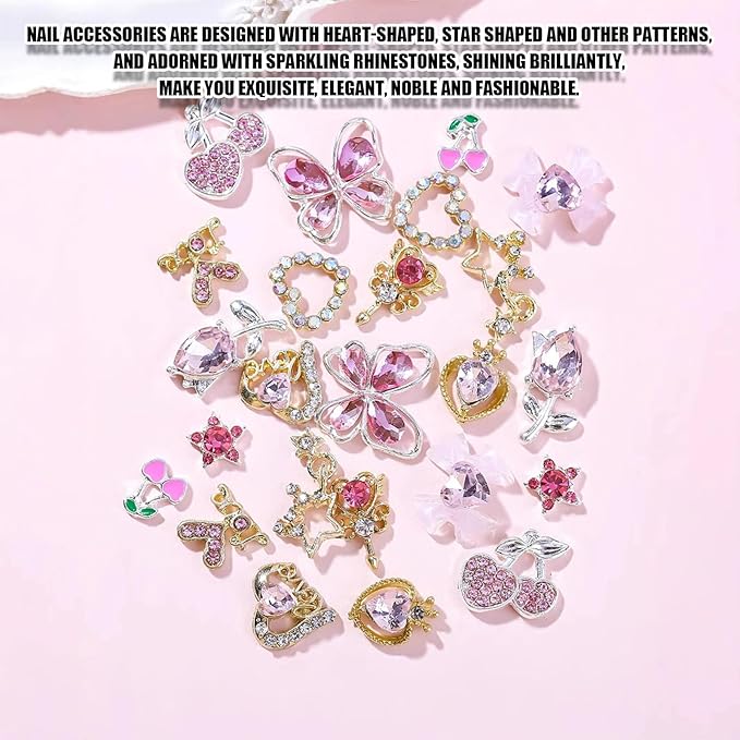3D Nail Charms,36Pcs Love Heart Star Cherry Butterfly Bow Flower Nail Rhinestone Charms,Metal Alloy Nail Art Decorations for Manicure Design Accessories DIY Crafts (Gold Pink 36pcs)