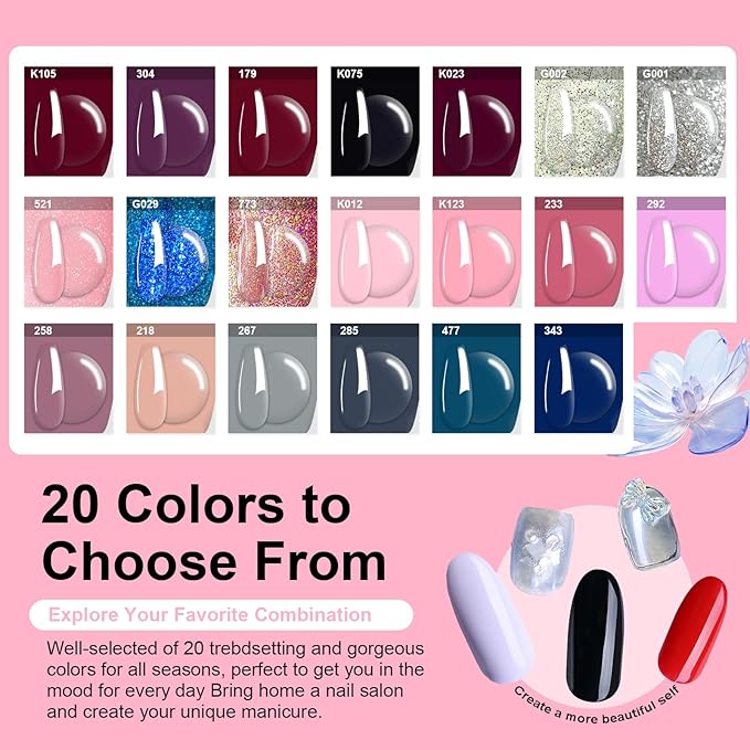31 Pcs Dip Powder Nail Kit, 20 Colors Glitter Nude Pink Blue Gray Dip Powder Liquid Set with Top/Base Coat Activator for French Nails Art Manicure DIY Salon, No Needed Nail Lamp Curing