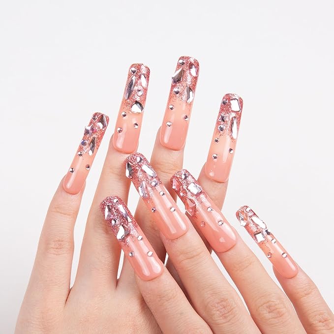 LOVFUL Press on Nails Pink Glitter| Handmade with Full Covered Crystals| Reusable Fake Nails| Square Mid length 1.7in| H60-L
