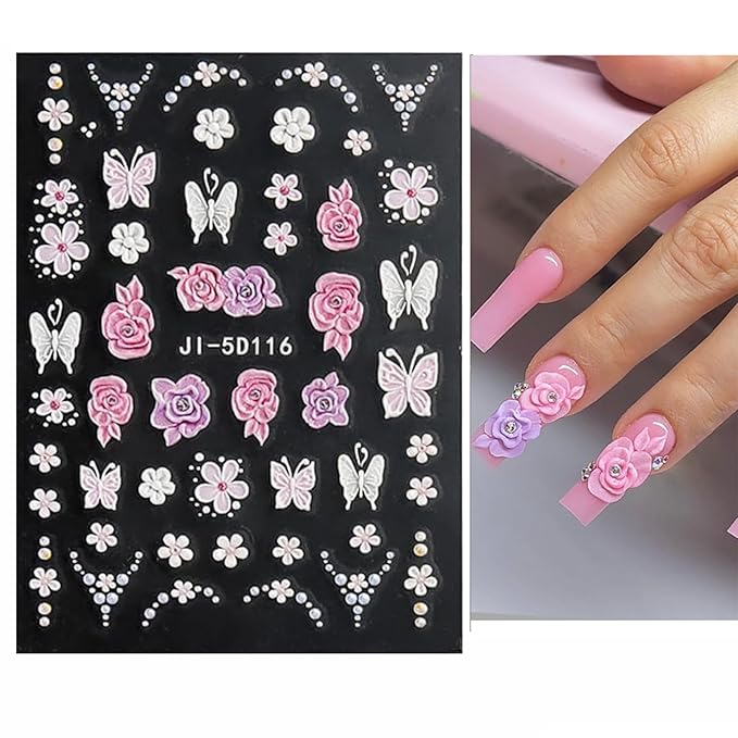 Nail Stickers, 5 Sheets Floral Nail Art Decals, Self-Adhesive 5D Embossed Designs for DIY Manicure