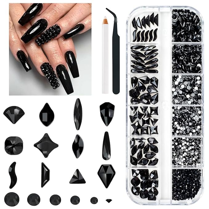 2052Pcs Black Nail Rhinestones Multi Shapes Jet Black Rhinestones for Nails Flatback Nail Gems K9 Glass Dark Black Round Beads Stones Diamonds Nail Charms Art for Nails Face Eyes Makeup Crafts
