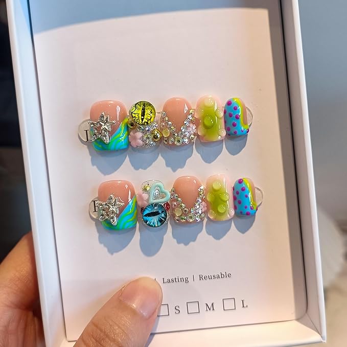 V-Shape French Tips Square Nails,Acrylic Press on Nails with 10pcs Kit,Sweet Edgy Y2K Hand-Painted Art False Nails,Neon Yellow-Green Fake Nails with 3D Stars, Hearts, Rhinestones Flowers(L)