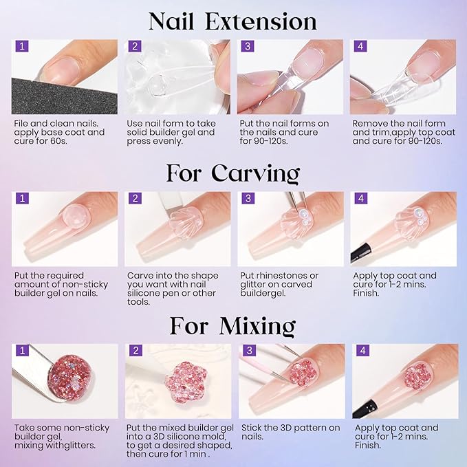 MIZHSE Solid Builder Gel for Nails, Non-Sticky Clear and White 3D Nail Art, Sculpting Building Hard Gel with Dual Form Silicone Pen for Carving Patterns Decoration Nail Art Manicure Home DIY