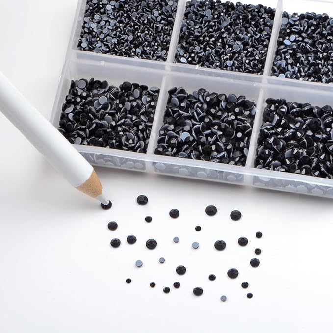 Bymitel Hotfix Crystal Rhinestones Round Gems for Crafts,Mixed 6 Sizes with Wax Pencil Kit, Black1.3-3.2mm(SS3-SS12/8000pcs)