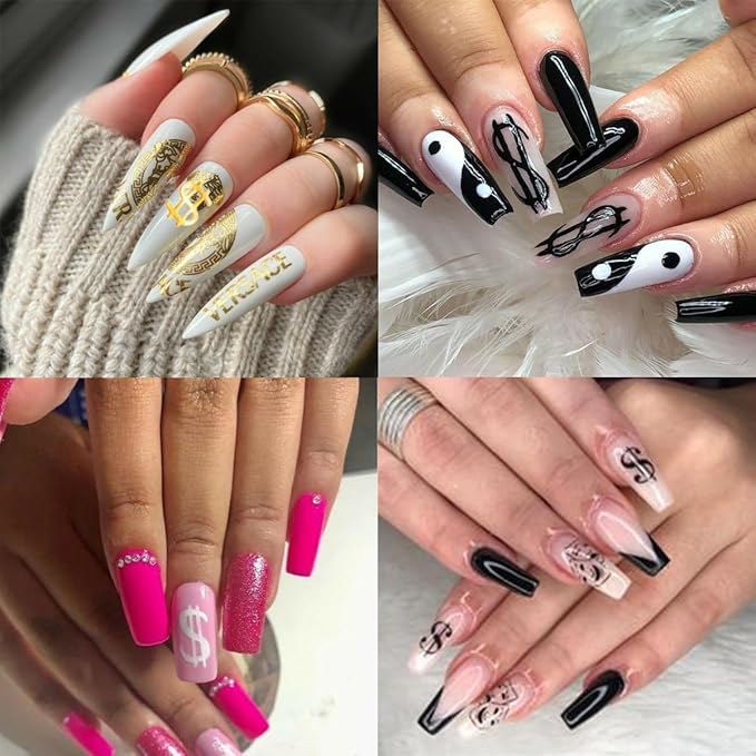 Dollar Nail Stickers 12Sheets Money Nail Art Stickers Decal 3D Self-Adhesive Money Dollar Nail Decals Pegatinas Uñas DIY Black White Gold Silver Design Nail Stickers for Women Girls Manicure…