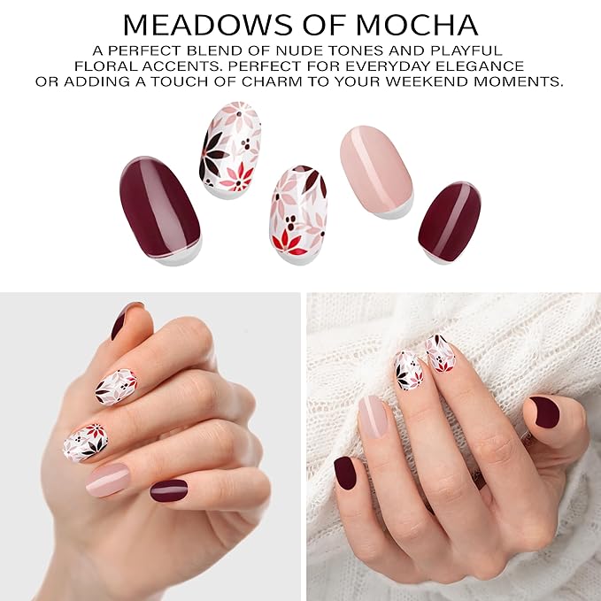 Semi-Cured Gel Nail Strips - 20 Salon-Quality Gel Sticker with UV Light Required, Long Lasting, Easy Application & Removal, Includes Prep Pad, Nail File, Wooden Stick – Meadows of Mocha
