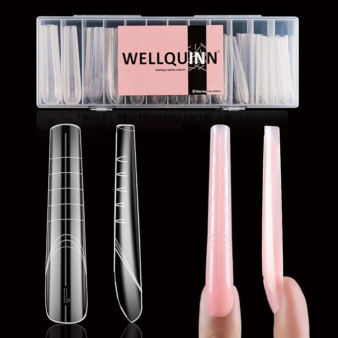 Extra Long Dual Forms Coffin (Sculpted) XXL 4XL, Reusable Full Cover Poly Gel Acrylic Builder Solid Hard Gel Extension Nail Molds 14 Sizes 70 Pcs, Set for Salon & DIY