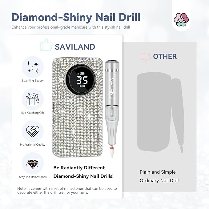 SAVILAND Professional Nail Drill Kit: 35000RPM Rhinestones Nail Drill for Nails Electric Nail File Professional Portable Efile with Drill Bits Nails Filer Buffer Salon Home Manicure Pedicure