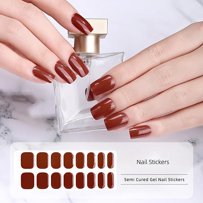 WOKOTO 2 Sheets Semi Cured Gel Nail Strips (Brown)-16 Pcs Per Sheet Gel Nail Stickers | Gel Nail Wraps | Uv Light Required, Salon Quality, Real Nail Polish Strips Stick On Nails Kit With Nail File