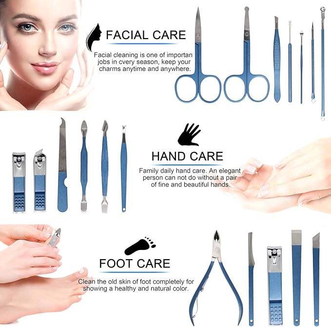 18 Pieces of Stainless Steel Nail Trimming and Beauty Kits - Nail Clippers, Nail Files, Tweezers, Nose Scissors, Eyebrow shavers, Ear Spoons, Blue Leather suitcases.