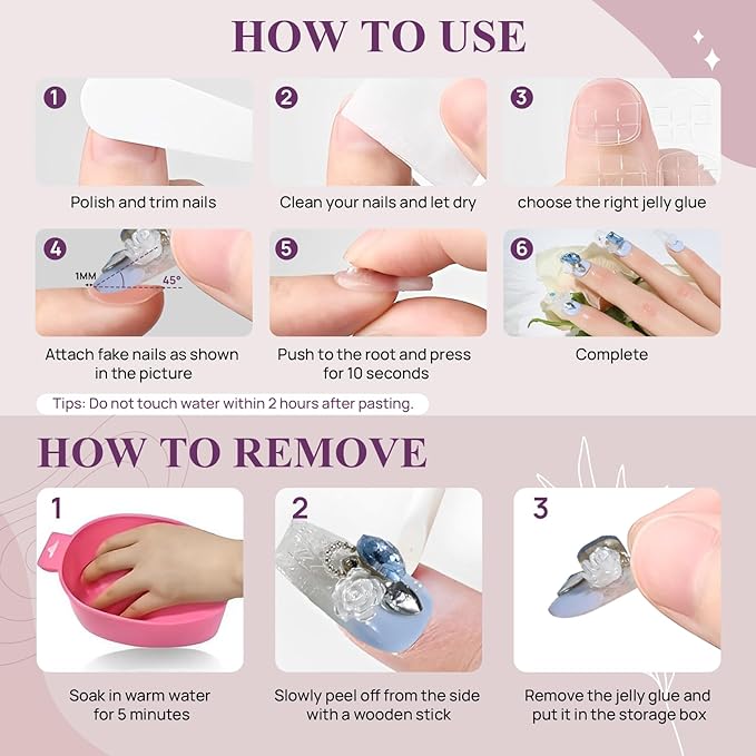 Fake Nails Set Blue Long Square Bling Glossy 3D Flower Rhinestone False Nail Tips, Press On Nails, Artificial Art Nails Finger Manicure for Women and Girls(CDJ0001-L)