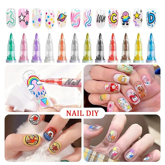 OCOUYVD 12 Colors Nail Art Pens Set 0.7mm Nail Art Markers Polish Pen Drawing Liner Painting Pens Kit for Nails Art DIY Painted Graffiti Nails Pen Quick-Dry Acrylic Paint Nails for Art Manicure Tool
