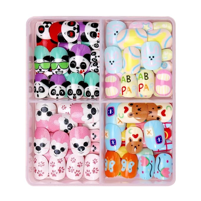 96Pcs 4 Packs Cute Short Press on Nails for Girls 4 Styles 12 Sizes Press on Nails for Kids Press ons with Panda Flower Animal Designs Full Cover Acrylic Nails for Little Girl Gift DIY Manicure