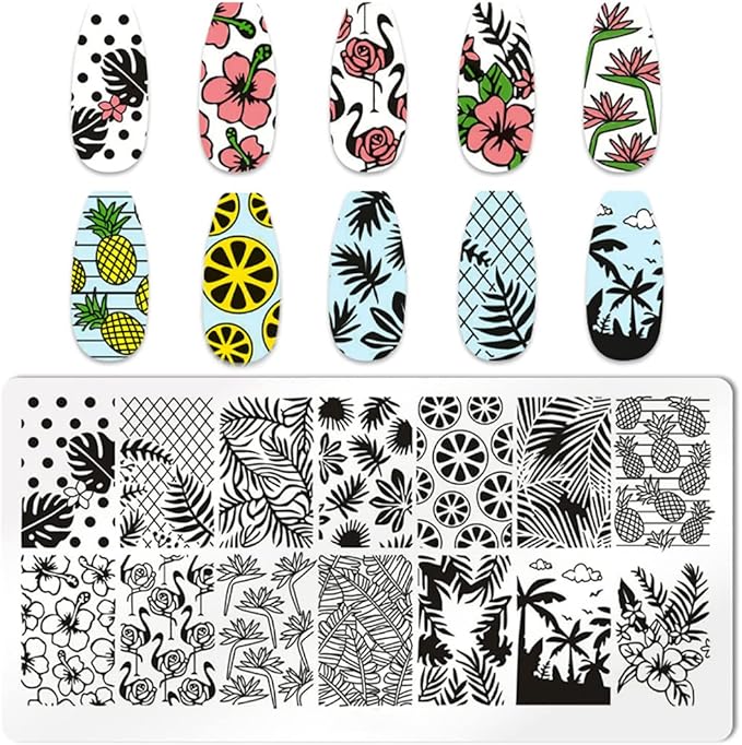 6pcs Seaside Scenery Nail Stamping Plate Nail Stamping Kit for Nails Summer Beach Coconut Trees Sunset Waves Sea Animals Image Plates Nail Stamper Kit