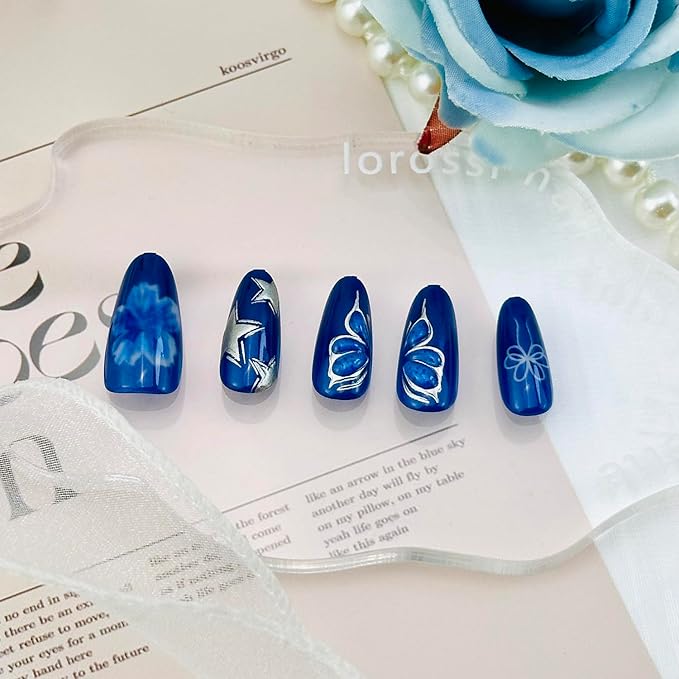 Blue Press on Nails Medium Almond Fake Nails Flower Butterfly Full Cover Glue on Nails with Silver Star Designs Stick on Nails Blue Bow Artificial False Nail Decor for Women Manicure Supplies 30pcs