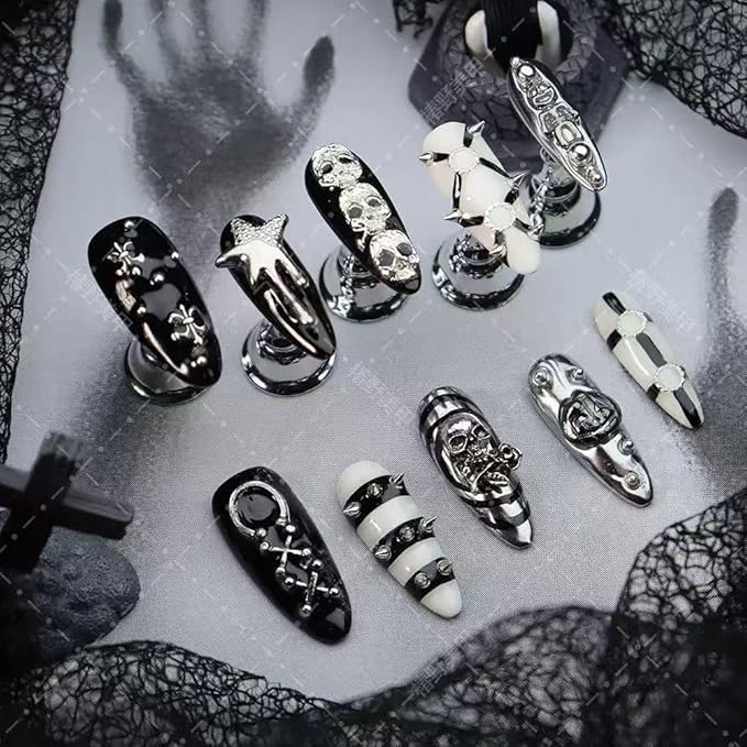 100% Handmade Press on Nails Medium Almond Fake Nails Halloween Press on Nails Black Gothic False Nail with Skeleton Pumpkin Silver Charms Design Reusable Handmade Nails for Women Manicure Size L