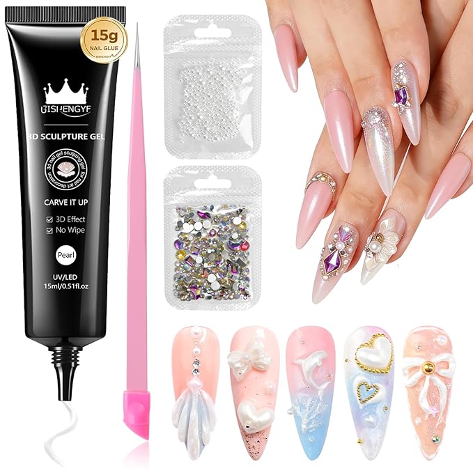 Multifunctional 15g Pearl 3D Sculpting Nail Gel,Easy Operation No Wipe Craving 5D Embossed 3D Nail Gel for Carving,Molding and Painting Nail Art Designs,Rhinestone Glue for Beginners Gems De
