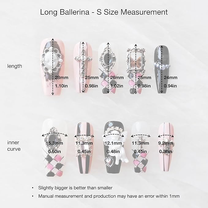 Gothic Press-on Nails, Long Coffin Shape, Pink Black White, 3D Decorative Gems and Charms, Handmade False Nail 10 Pieces (Small,LB)
